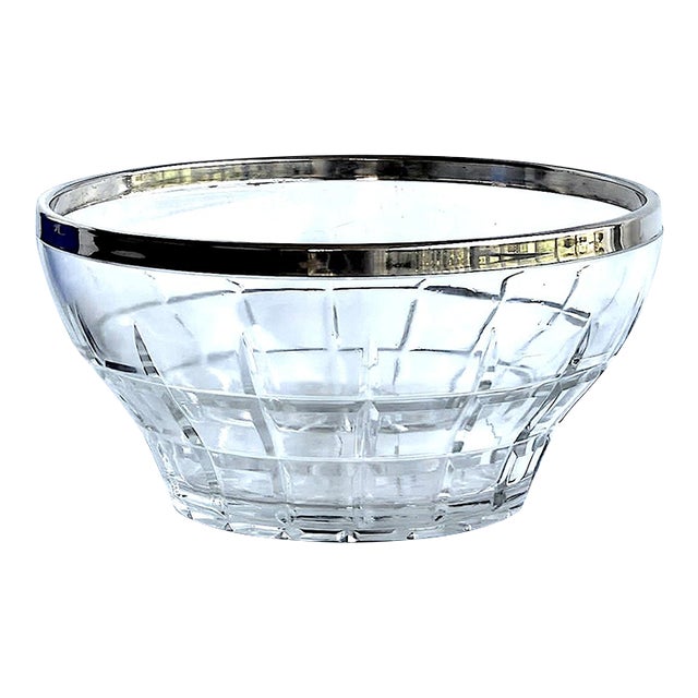Vintage Cut Glass Bowl With Silver Plated Rim For Sale
