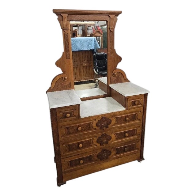Antique Victorian Eastlake Marble Top Dresser With Mirror – Walnut & Burled Wood For Sale