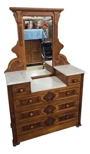 Antique Victorian Eastlake Marble Top Dresser With Mirror – Walnut & Burled Wood