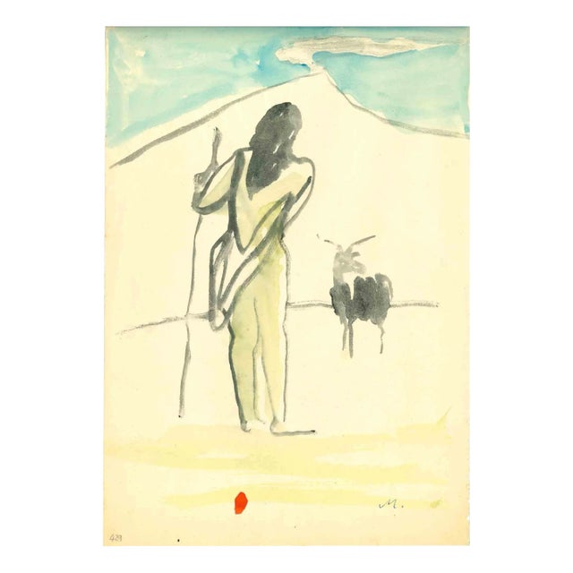 Mino Maccari, The Shepherd, Watercolor, Mid-20th Century For Sale
