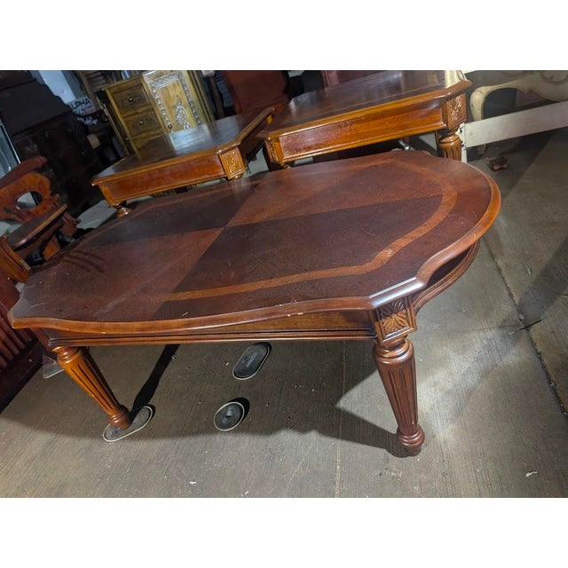 Brown Mid 20th Century Matching Parquetry Inlaid 3-Piece Occasional Table Set For Sale - Image 8 of 11