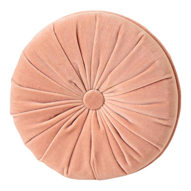 Modern Blush Pink Smocked Round Throw Pillow in Velvet For Sale