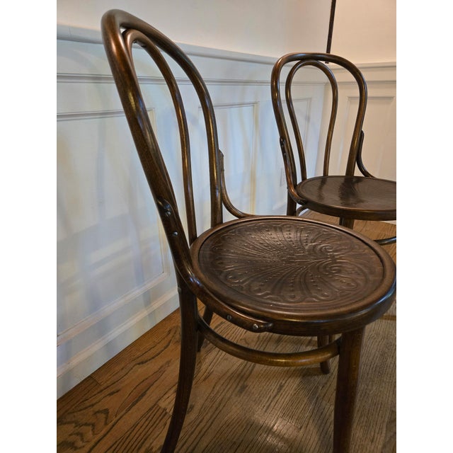 Art Nouveau Antique Art Nouveau Bentwood Chairs With Embossed Seats, Pair For Sale - Image 3 of 6