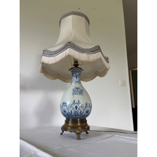 Antique Table Lamp in High-Fire Blue Earthenware with Bronze Tripod Base, 1800s For Sale - Image 3 of 10