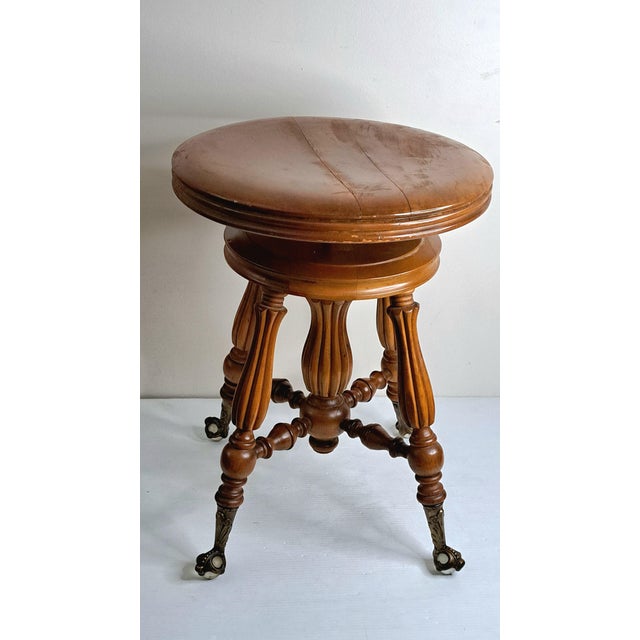 Antique H. Holtzman & Sons Victorian Adjustable Swivel Piano Stool With Glass Ball Claw Feet For Sale In West Palm - Image 6 of 17