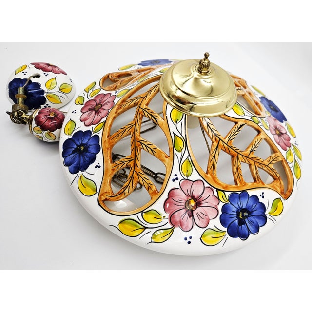 White 1980s Italian Style Ceramic & Brass Ornate Floral Large Pendant Light For Sale - Image 8 of 9