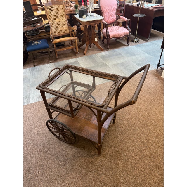 Heywood-Wakefield Early 20th Century Heywood Wakefield Wicker Victorian Tea/Bar Cart For Sale - Image 4 of 7