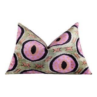 Handmade Velvet Pillow With Insert – Sage Green & Lilac Circle Motif, 16x24" For Sale