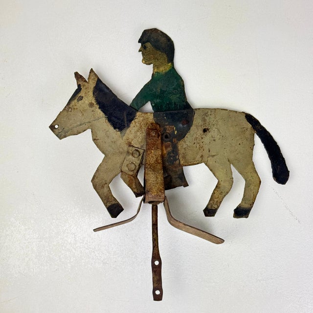 Green Antique Folk Art Sheet Metal Rider on Horse/Mule Toy/Sculpture, Hand Painted For Sale - Image 8 of 13