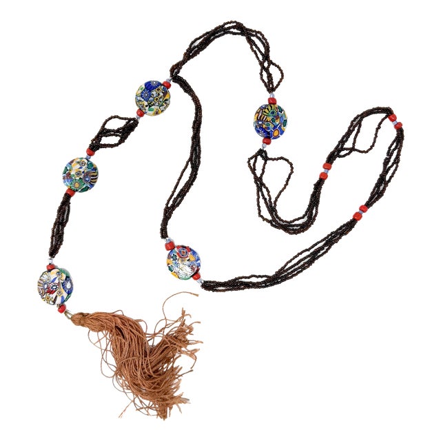 Art Deco Millefiori Glass Bead Tassel Flapper Necklace, 1920s For Sale