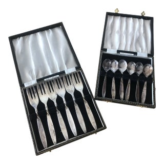 Antique Angora Epns Vintage Demitasse Spoons and Pastry Forks in Cases, 12 Pieces For Sale