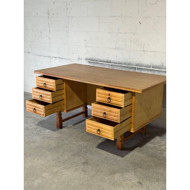 In Style of Henning Kjærnulf Oak Executive Desk With 6 Drawers Open Bookshelf Denmark Mid-Century Modern 1960s For Sale In Los Angeles - Image 6 of 13