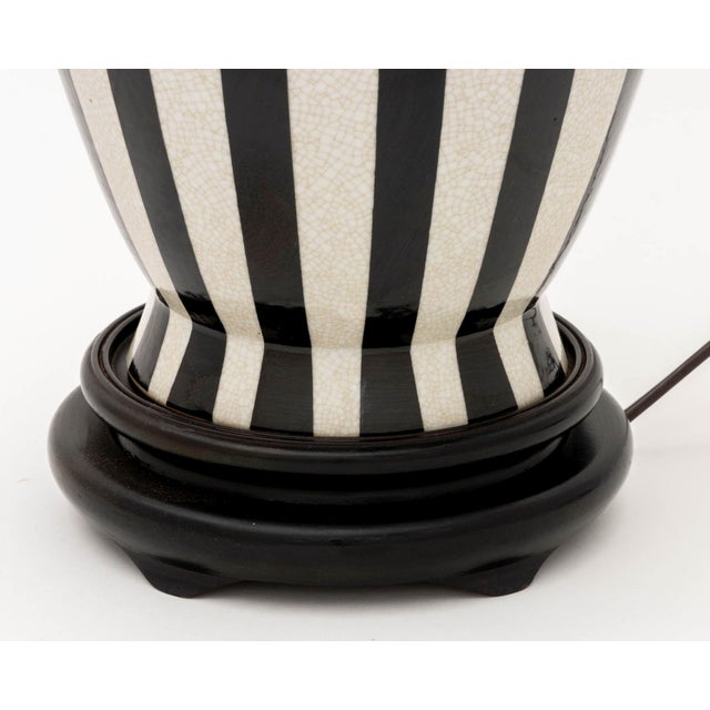 Late 20th Century Modern Black and White Striped Crackle Glazed Porcelain Urn Mounted as Lamp For Sale - Image 4 of 6