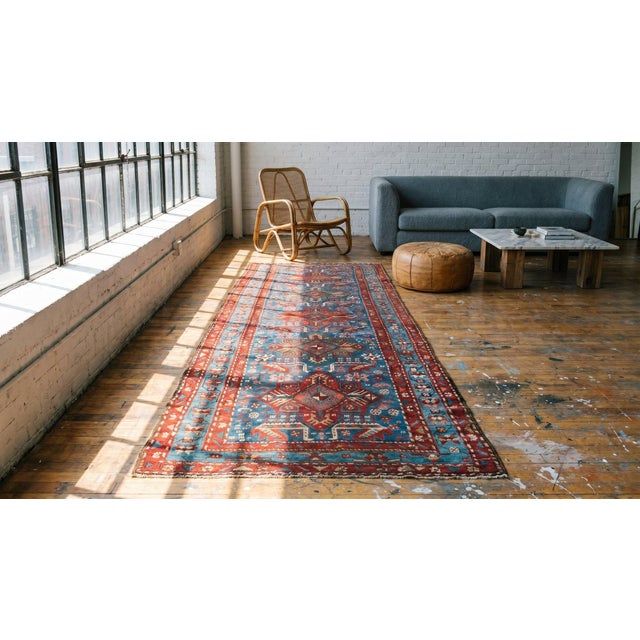 1930s Blue Geometric Caucasian Akstafa Runner Runner Rug 3'7" X 11'3" Wool Handknotted Carpet For Sale In New York - Image 6 of 8