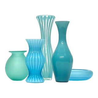 Aqua & Turquoise & Jade: Oh My! Glass Vessel Curation - Group of 5 For Sale