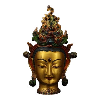Late 20th Century Nepalese Gilt Bronze & Polychrome Tara Head, Handcrafted Buddhist Deity Sculpture For Sale