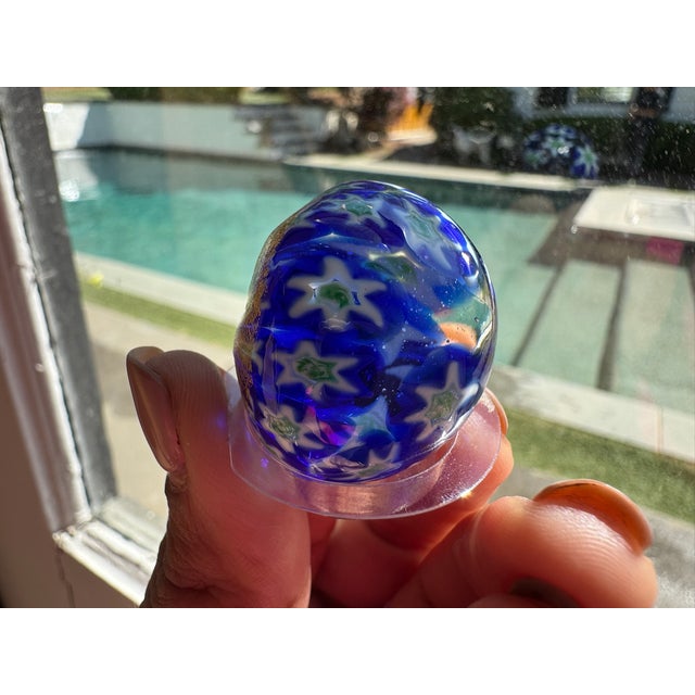 Italian Vintage Murano Art Glass Egg Paperweight Blue Millefiori Aventurine Gold Foil For Sale - Image 3 of 7