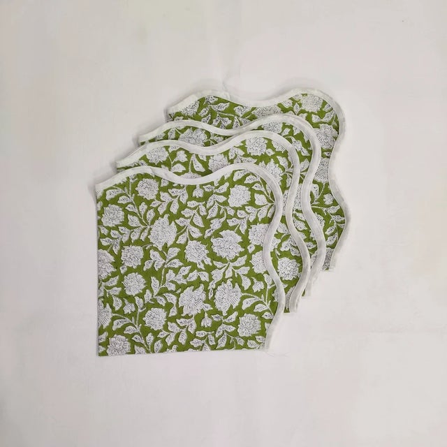 Handmade Scalloped Moss Green Floral Napkins with White Piping - Set of 4 For Sale - Image 4 of 4
