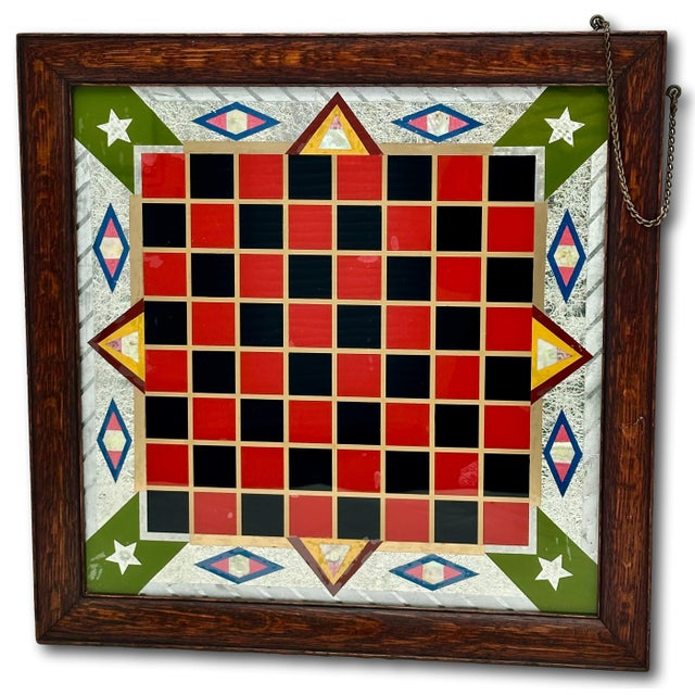 Victorian Fancy & Colorful Antique Oak Framed Reverse Painted Glass With Abalone Shell & Silver Foil Backed Wall Hanging Game Board For Sale - Image 3 of 18