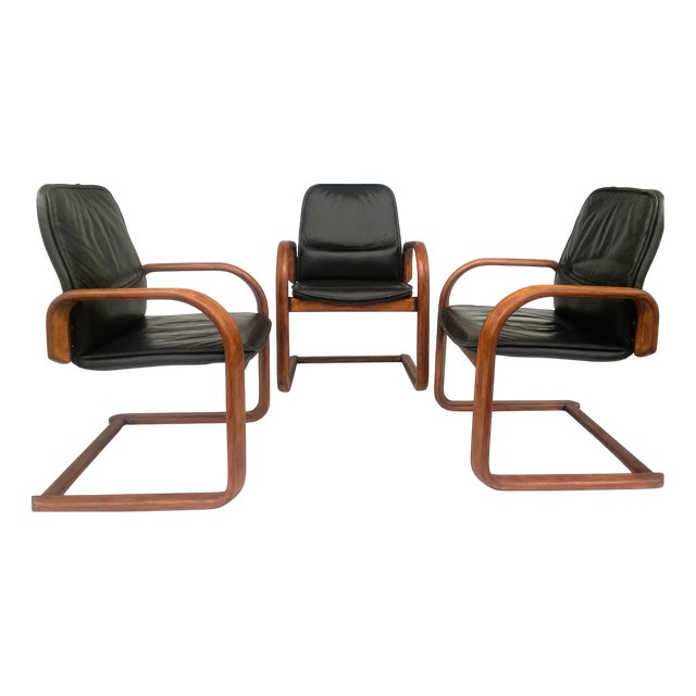 Mid-Century Modern Armchairs in Bentwood and Leather, 1960s, Set of 3 For Sale