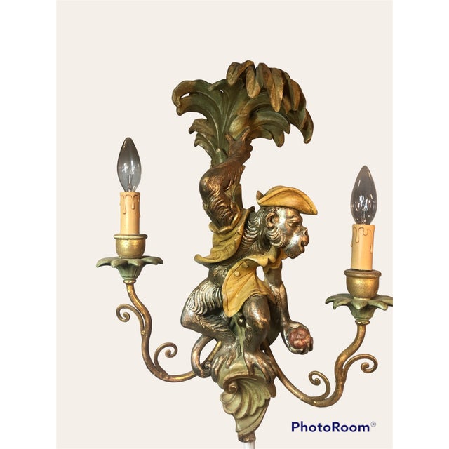 1960s Vintage Hand Carved Italian Monkey Wall Sconces - Set of 2 For Sale - Image 5 of 12