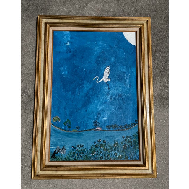 Vintage Large Folk Art Tropical Landscape Painting With Egret in Gilt Wood Frame For Sale - Image 4 of 15