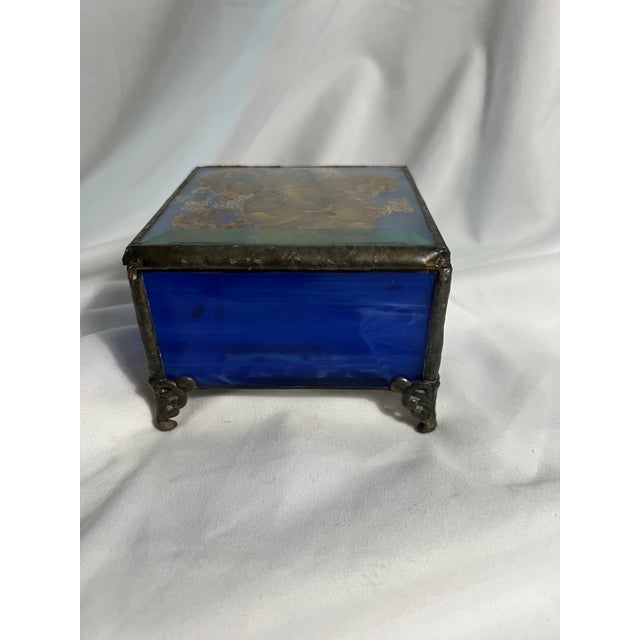 1980s Handcrafted Blue Stained Glass Trinket Box For Sale - Image 5 of 11