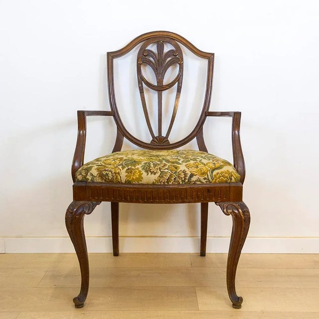 Set of 4 Mahogany armchairs in Sheraton style. 2 chairs with green velvet upholstery and 2 chairs with floral fabric...