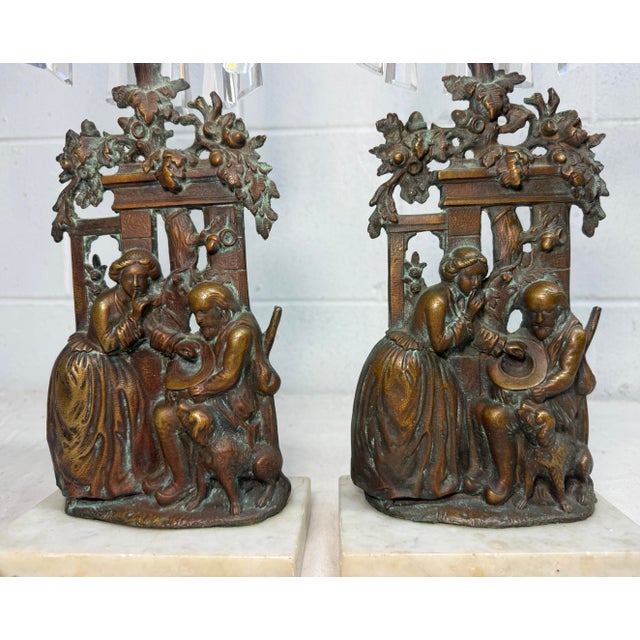 Victorian Pair of Antique Ornate Figural Brass Marble Crystal Girandole Candle Holders For Sale - Image 3 of 13