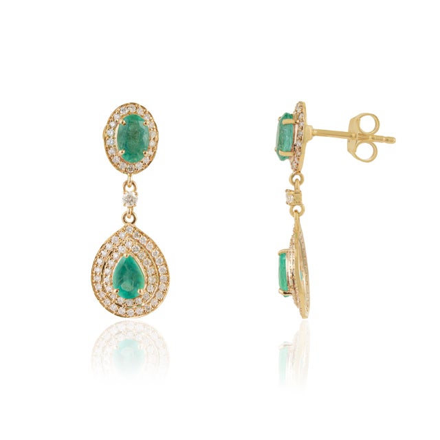 Not Yet Made - Made To Order 1.68ct Pear-Cut Emerald & Diamond Double Halo Drop Earrings in 14k Yellow Gold- 2 Pieces For Sale - Image 5 of 14