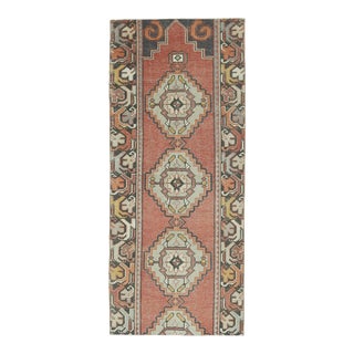 1970s Vintage Turkish Hand-Knotted Wool Cotton Pink Runner Rug For Sale