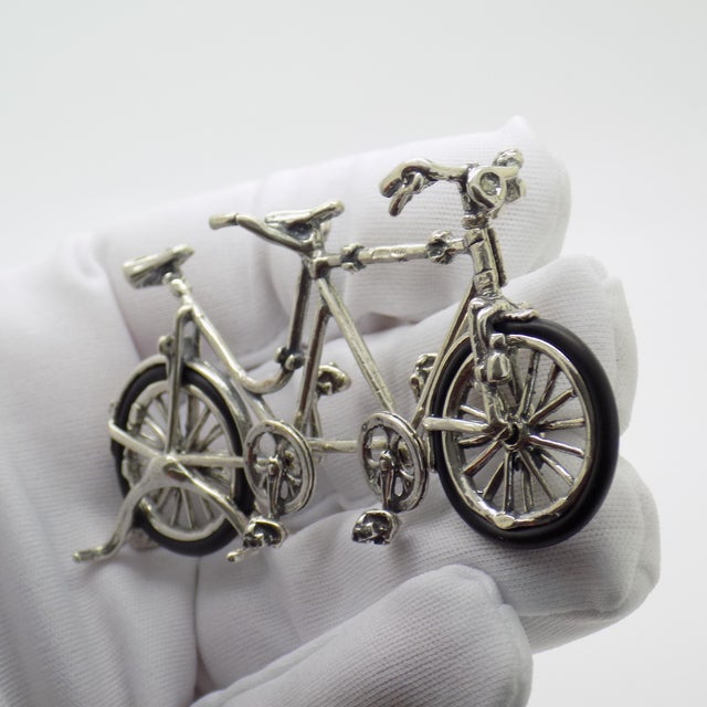 Metal Vintage Italian Handmade Genuine Silver Tandem Bicycle Figurine, 1980s For Sale - Image 7 of 12