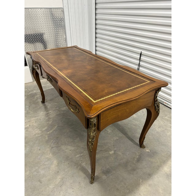 1970s Vintage Karges French Provincial Walnut Executive Writing Desk With Embossed Leather Top For Sale - Image 5 of 18