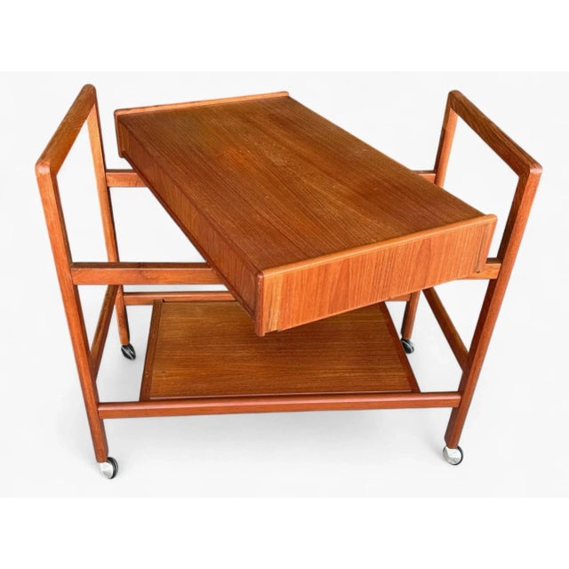 1960s Danish Modern Teak Bar Cart – Restored Two-Tier Design With Drawers and Casters For Sale - Image 12 of 18