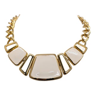 Vintage Signed Napier Goldtone White Enamel Collar Necklace For Sale