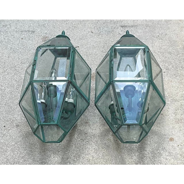 Pair of Vintage Solid Brass Wall Lanterns – Large Beveled Glass Sconces For Sale - Image 14 of 17