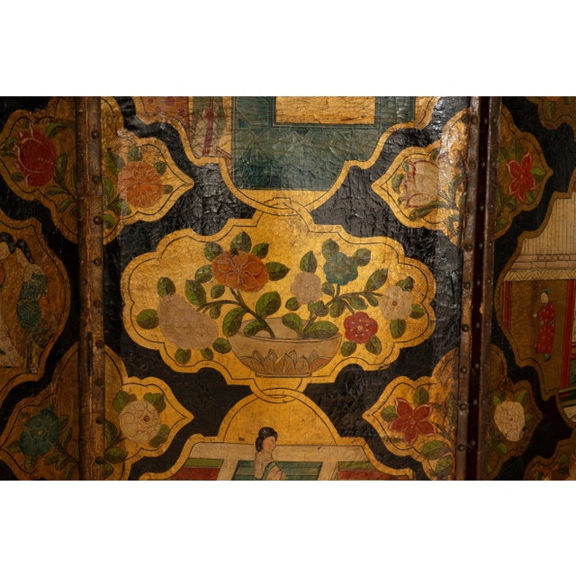 Yellow Dutch Four Panel Chinoiserie Decorated Leather Screen For Sale - Image 8 of 13
