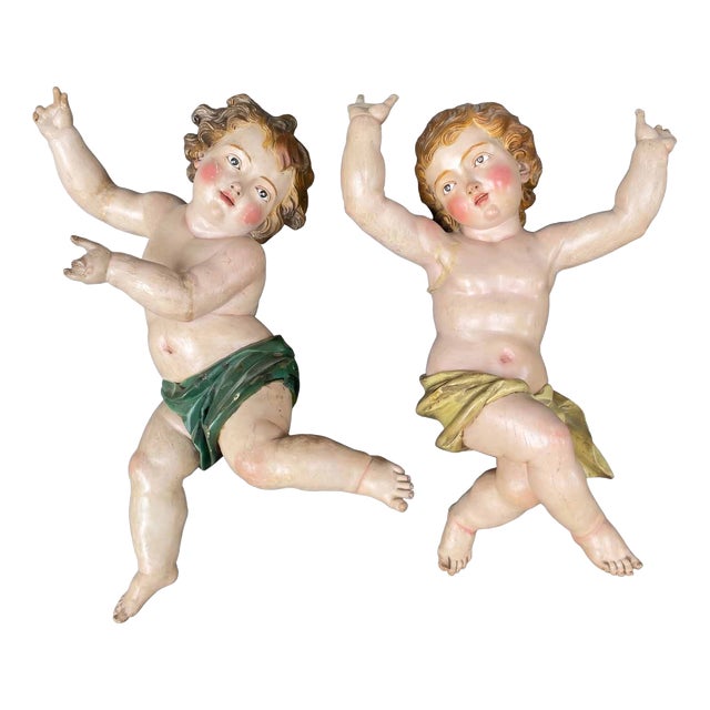 Italian Baroque Artist, Cherub Sculptures, 1650, Lacquered Wood, Set of 2 For Sale