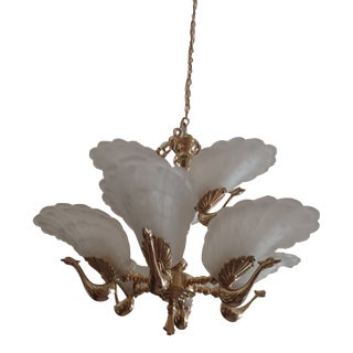Vintage Art Nouveau Style Murano and Italian Brass Peacock 9 Light Two Tiered Chandelier For Sale