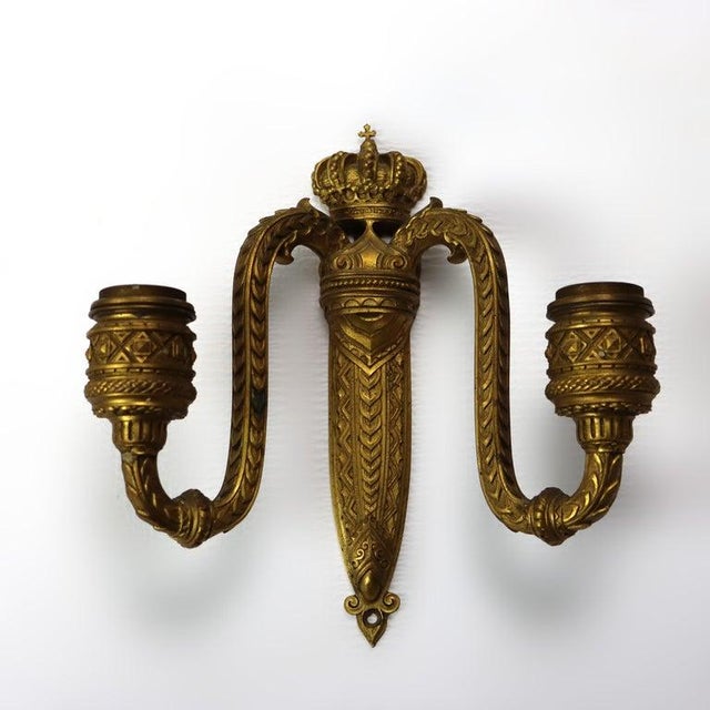 Pair of Antique French Gilt Bronze Dual-Candle Sconces With Royal Crown C1890 For Sale - Image 4 of 9