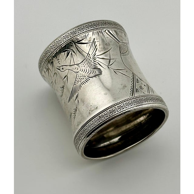 1880s Antique Victorian Hand Engraved Stering Silver Napkin Ring With Wild Turkeys in Flight for "Hattie" For Sale - Image 11 of 17