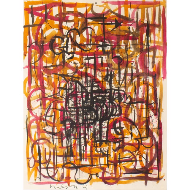 A 1961 ink and watercolor painting by the American artist Harry Hilson (1935-2004). This abstract work features a dense...