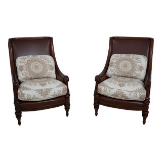 Pair High Back Leather Mahogany Armchairs For Sale