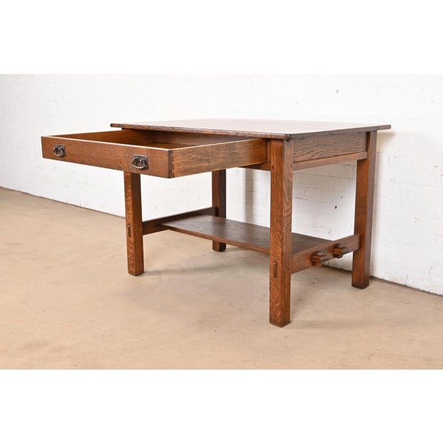 Early 20th Century Antique L. & J. G. Stickley Mission Oak Arts & Crafts Writing Desk or Library Table, Newly Restored For Sale - Image 5 of 12