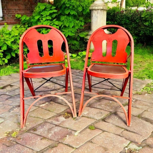 Art Deco Folding Chairs-Red Wood-Black Leather Seat-Vintage
