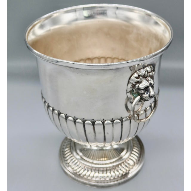 Antique English Silver Plate Champagne Bucket | Lion Mask Ring Handles | Hand Chased | Regency Style | Made in England For Sale In Austin - Image 6 of 13