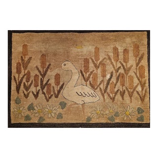 Vintage American Hand Hooked Rug, Bird and Flowers Design, Folk Art Tapestry, 3x4 For Sale