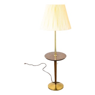 1960s Mid Century Modern Floor Lamp Side Table Brass Round Built Side Table Lighting For Sale