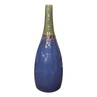 Periwinkle Blue Vase with Olive Neck and Red Drip Glaze For Sale