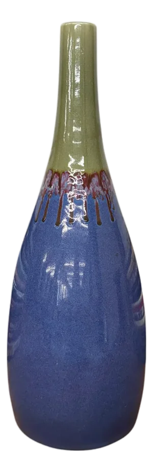 Periwinkle Blue Vase with Olive Neck and Red Drip Glaze